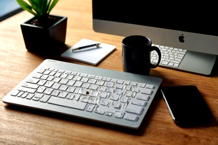 Workplace with computer and coffee cup on wooden table, stock photo