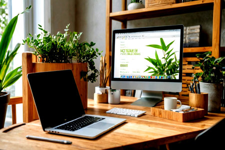 Modern workspace with computer and notebook on wooden desk. Workplace in office
