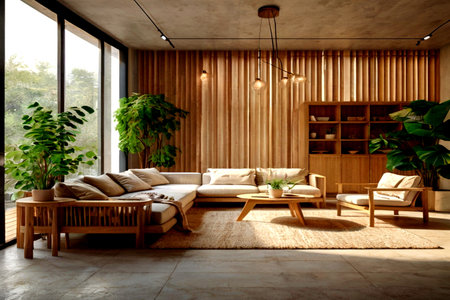 Interior of modern living room with wooden wall, 3d renderの写真素材