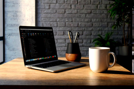 Laptop and coffee cup on wooden table in modern office. Work from home concept.
