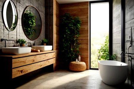 Interior of modern bathroom with wooden walls, concrete floor, comfortable bathtub and round mirror....