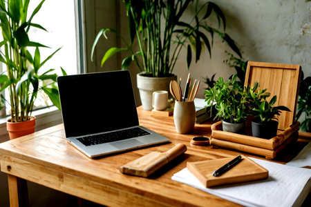 Laptop with blank screen and stationery on wooden table at home