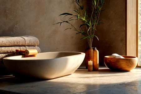 Bathroom interior with bathtub, towels and bamboo plant.