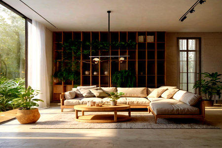 Interior of modern living room, living room with sofa and plants