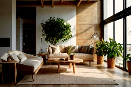 interior of modern bright living room with white sofa and wooden coffee table