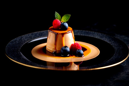 Panna cotta with caramel sauce and berries on black background.