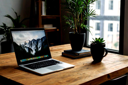 laptop computer on wooden table at home office, work from home concept