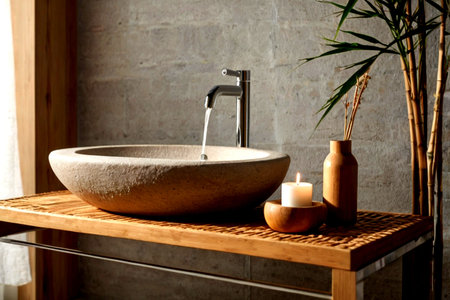 Bathroom sink with faucet, candles and bamboo on wooden shelf