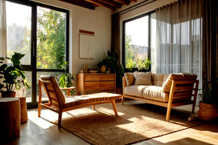 Interior of a modern living room with wooden furniture. Nobody insideの写真素材
