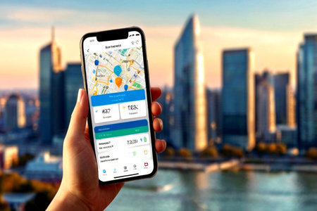 smart phone with gps navigation app in hand on blurred city background