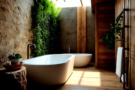 Interior of modern bathroom with white bathtub and green plants. Nobody inside