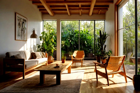 Interior of a modern living room with wooden furniture and green plants