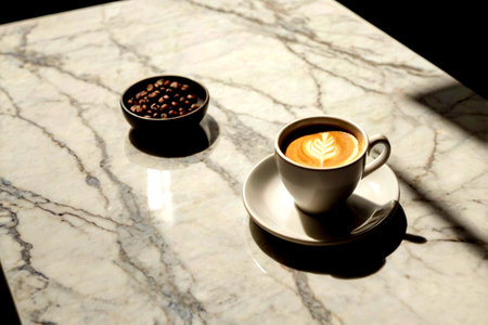 Cup of coffee with latte art on white marble table.