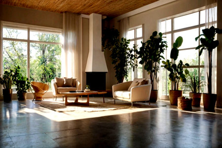 interior of a modern living room with a large window and plants