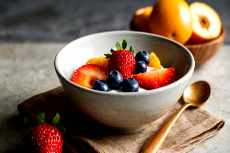 Fresh fruit salad with strawberries, blueberries and kiwi in a bowl on a wooden background....