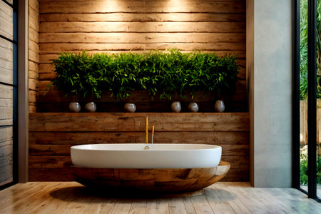Bathtub in modern bathroom with wooden wall and green plant.