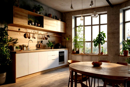interior of modern kitchen with wooden furniture and green plant in potsの写真素材