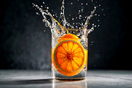 Glass of water with splashes and slice of orange on black background