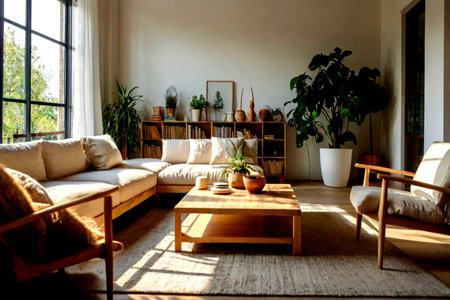 Interior of modern living room with sofa, coffee table and plantsの写真素材