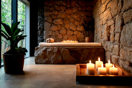Spa and wellness setting with candles and towel in modern room.