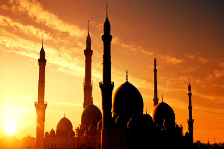 Silhouette of the mosque at sunset, Abu Dhabi, United Arab Emirates