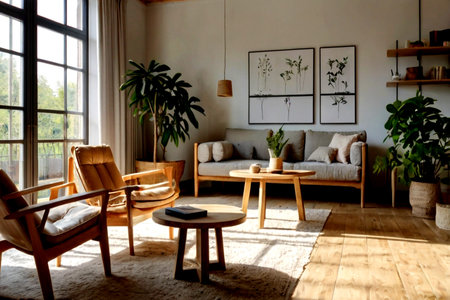 interior of modern living room with sofa, coffee table and plants