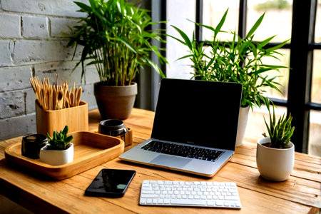 Laptop with blank screen on wooden table in modern office. Workplace at home.