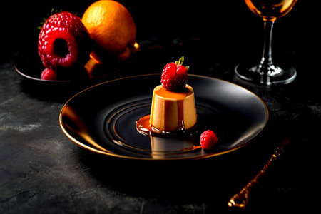 Panna cotta with fresh raspberries and orange on black background