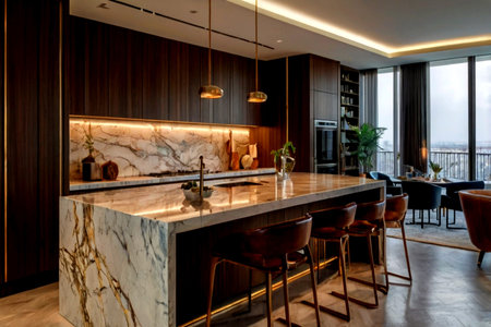 Interior of a modern kitchen and dining room with marble countertopの写真素材