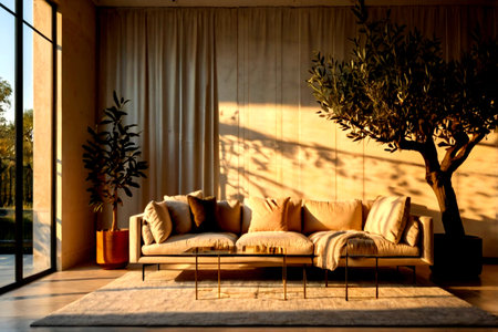 Modern living room interior design with sofa and plant. 3d renderの写真素材