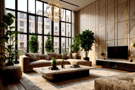 Living room interior with a large window overlooking the city. 3d rendering