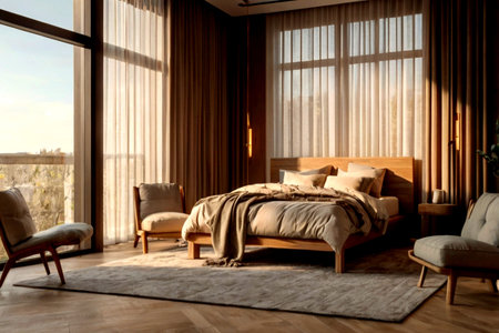 Luxury bedroom interior in the morning light. 3d rendering