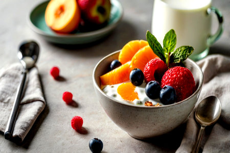 Healthy breakfast with yogurt, berries and milk on a stone background.