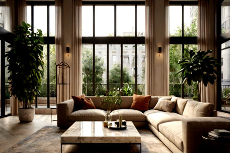 Interior of a modern living room with a large window overlooking the city