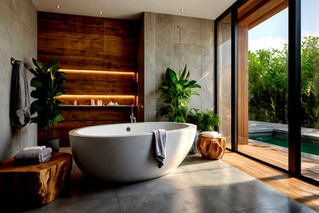 Interior of a modern bathroom with white bathtub and wooden wall