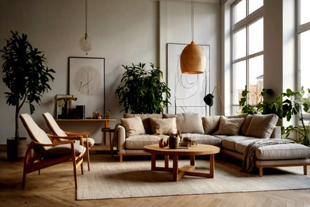 Living room interior with sofa, armchairs, coffee table and plantsの写真素材