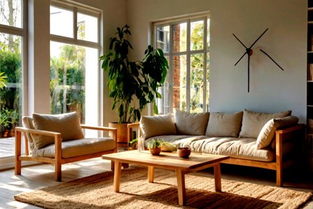 Modern living room interior with sofa, coffee table and plants. Nobody inside