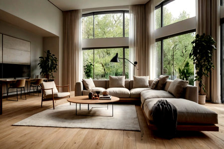 Modern living room interior design with sofa, coffee table and plants. Nobody inside