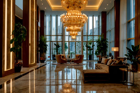 Luxury hotel lobby interior with large chandelier and armchairs