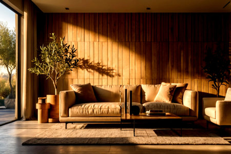 Interior of modern living room with wooden wall, 3d render