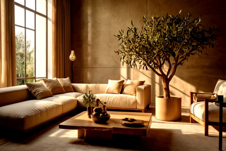 Luxury living room with beige sofa, coffee table and plant.