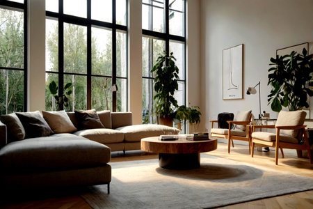 Interior of a modern living room with a large window overlooking the garden