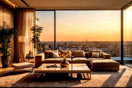 Luxury living room interior with a panoramic view of the city