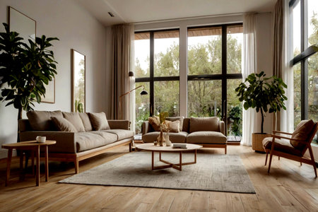 Interior of modern living room with sofa, coffee table and plantsの写真素材