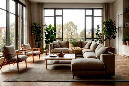 Interior of modern living room with sofa, coffee table and plants