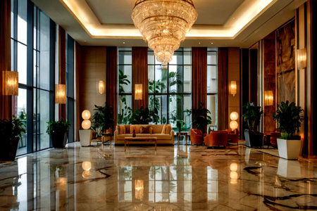 Luxury hotel lobby interior with a glass wall and a marble floor