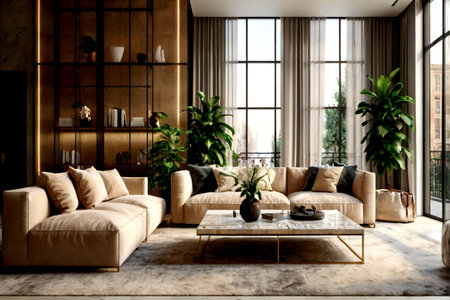Modern living room interior design with brown sofa and coffee table. 3d render