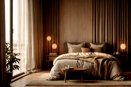 luxury bedroom interior design with brown pillows and wooden bedside table