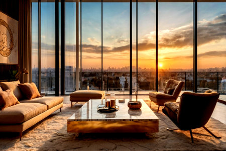 Luxury living room interior with a panoramic view of the cityの写真素材