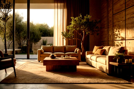 Interior of a modern living room with a view of the garden